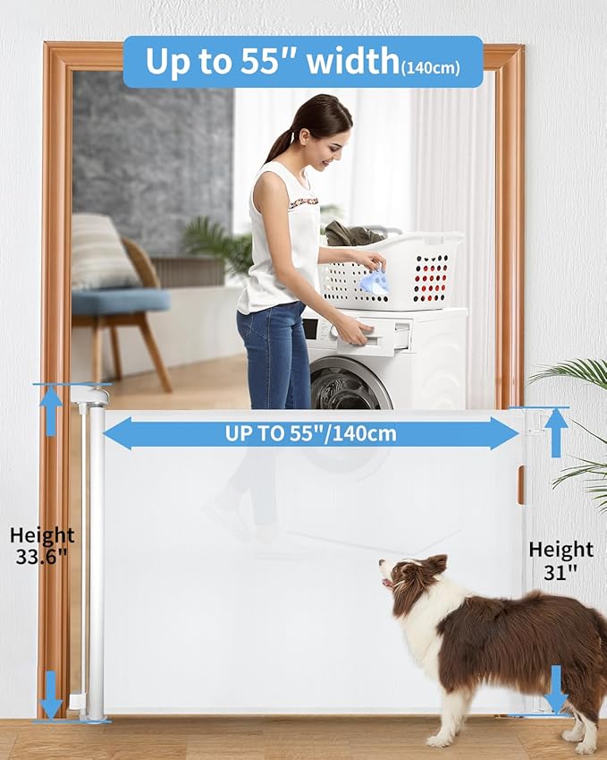 Veraste Retractable Baby Gate for Doorways and Stairs, Mesh Safety Gate for Pet, Indoor & Outdoor Use, One-Hand Operation, Easy Installation, 33.6" Tall, Expands to 55" Wide（White,33.6"x55"