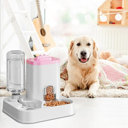 Automatic Dog Cat Feeder and Water Dispenser Combo, 10L Large Capacity Pet Food and Water Station with Integrated Bowl for Multiple Pets (Pink)