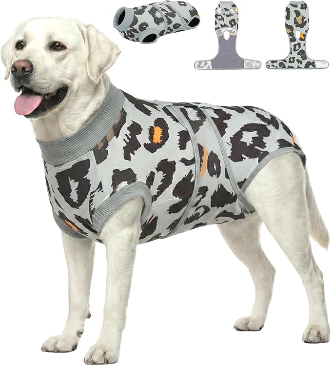 PetWarm Dog Surgical Suit, After Surgery Onesie for Male Female Dogs, Prevents Licking, Cotton Protect Abdominal, Dog Cone E-Collar Alternative, Leopard Pattern, Green Grey, XL