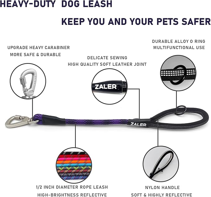 ZALER Short Dog Leash, 26 Inches Rope Traffic Leashes for Dogs, Reflective Dog Lead with O-Ring, Heavy Duty Pet Leash for Large and Medium Dogs (26'' Black Purple)
