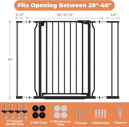 40" Extra Tall Baby Gate for Stairs, Auto Close Stroller Friendly Dog Gate Indoor for Doorways, Pressure Mounted 29"-40" Wide Baby Gate, Easy Walk Through Gate for Children & Pets, Black