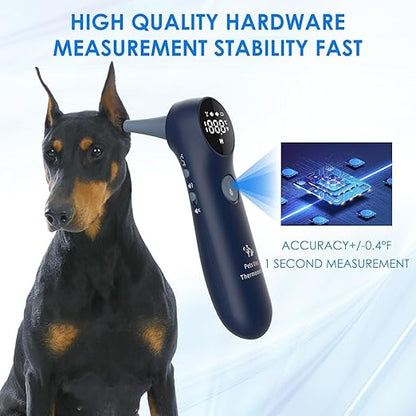 Pet Ear Thermometer for Dogs, Cats, and Livestock, Long Probe Designed, ℃/ ℉ Convert and Sound Switch Dedicated Button, 1 Second Measurement, 20 pcs Pet Swabs Included(Blue)