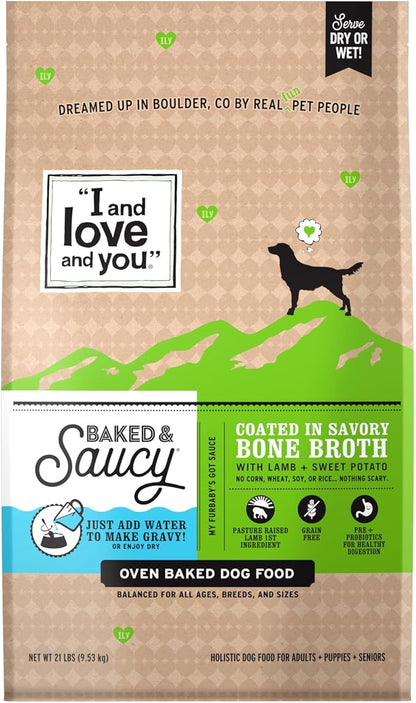 I AND LOVE AND YOU Baked and Saucy Dry Dog Food - Lamb + Sweet Potato - Prebiotic + Probiotic, Real Meat, Grain Free, No Fillers, 21lb Bag