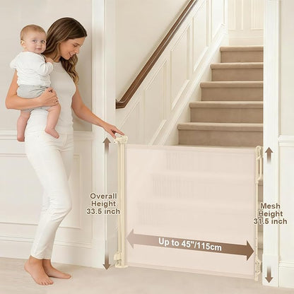 SPACEANY Retractable Safety Baby Gate or Mesh Dog Gate,Durable Portable Mesh Retractable Gate,Easy to Use for Stairs, Doorways, Hallways, Indoor, Outdoor, 33.5" Tall, Up to 45" Wide, Cream