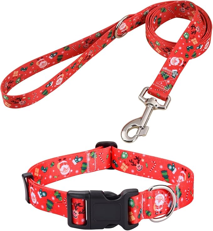 Mihqy Christmas Dog Collar and Leash Set - Premium Adjustable Dog Collar for Small Medium Large Dogs (Christmas Set,L)