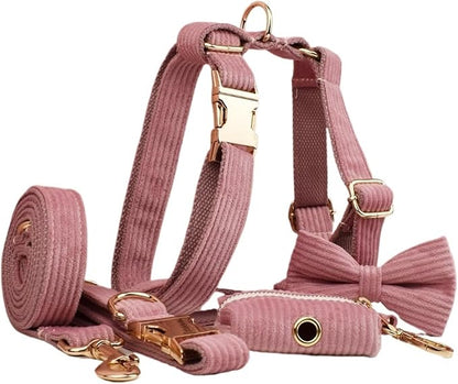 Dog Leash, 5Pcs Corduroy Dog Harness Collar Leash Set with Poop Bags,Hands Free(5PCS set16,Medium)