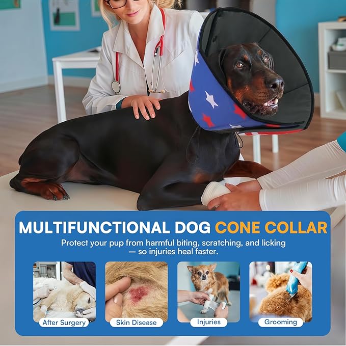 Queenmore Dog Cones for Small Dogs, Dog Cone Collar to Prevent Licking Wounds, Adjustable Comfy Cone for Dogs, Adjustable Elizabethan Collar for Pets, USAFlag S