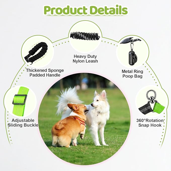 Double Dog Leash - 360°Swivel Tangle Free Splitter Attachment, 1 Rope with Handle, 2 Dogs Multi-Functional Leash, for Outdoor Walk Train Small Medium Large Two Pet, Green