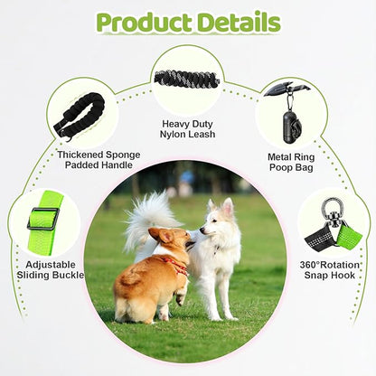 Double Dog Leash - 360°Swivel Tangle Free Splitter Attachment, 1 Rope with Handle, 2 Dogs Multi-Functional Leash, for Outdoor Walk Train Small Medium Large Two Pet, Green