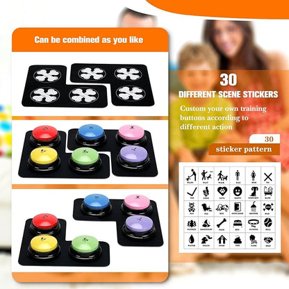 Dog Buttons for Communication, 6 Pcs Dog Talking Button Set, 30s Voice Recording Speaking Button Pet Speech Training Buzzers with 30 Scene Stickers and Waterproof Anti-Slip Mat for Animal Training
