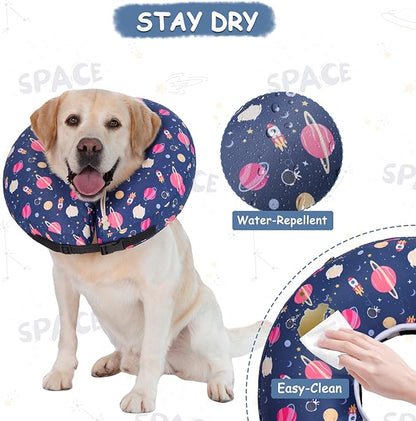 Inflatable Dog Cone Collar,Waterproof Soft Dog Donut Cone for Large Medium Small Dogs Cats, Recovery Pet E-Collar Alternatives After Surgery (Planet, Medium+)