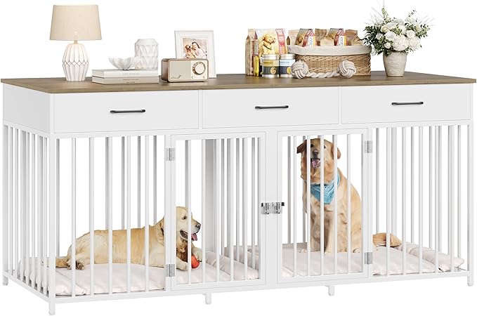 HOSTACK Double Dog Crates Furniture, 71" Wide Indoor Dog Kennel with 3 Drawers, Farmhouse Dog Cage for 2 Large/Medium Dogs, Heavy Duty Dog Crate with Removable Room Divider, Wooden Pet House, White