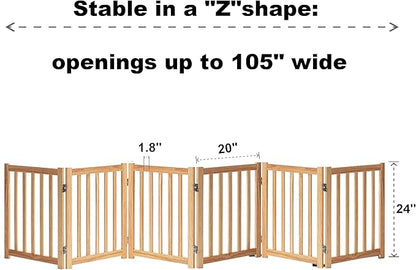 LZRS 6-Panel Extra-Wide Freestanding Wooden Dog Gate Indoor – 24”High Foldable Safety Pet Barrier for Doorways, Hallways, Kitchens, Durable Design fit Small to Medium Dogs, Natural