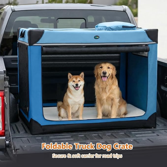 Ownpets Collapsible Dog Crate, 42 inch Portable Travel Dog Crate for Large Dogs, 4-Door Foldable Pet Kennel with Durable Mesh Windows & Soft Mat, Blue
