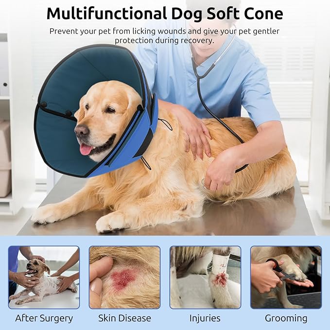 Queenmore Dog Cones for Small Dogs, Soft Dog Cone After Surgery, Adjustable Comfy Cones for Dogs, Comfortable Pet Cone After Surgery for Wound Healing, Blue S