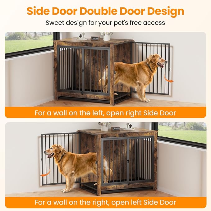 Derfullo Dog Crate Furniture, 42 Inch Indoor Large Dog Kennel for Medium to Large Dogs Up to 70 LBS, Heavy Duty Wooden Pet Cage End Table with 3 Doors, Alloy Steel Frame & Removable Tray