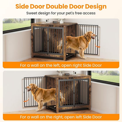 Derfullo Dog Crate Furniture, 42 Inch Indoor Large Dog Kennel for Medium to Large Dogs Up to 70 LBS, Heavy Duty Wooden Pet Cage End Table with 3 Doors, Alloy Steel Frame & Removable Tray