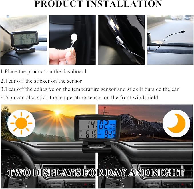 Car Digital Thermometer Clock, 2 in 1 Easy to Read Car Indoor Outdoor Thermometer with LCD Backlight, Vehicle Luminous Clock & Temperature Meter, Car Internal Accessories