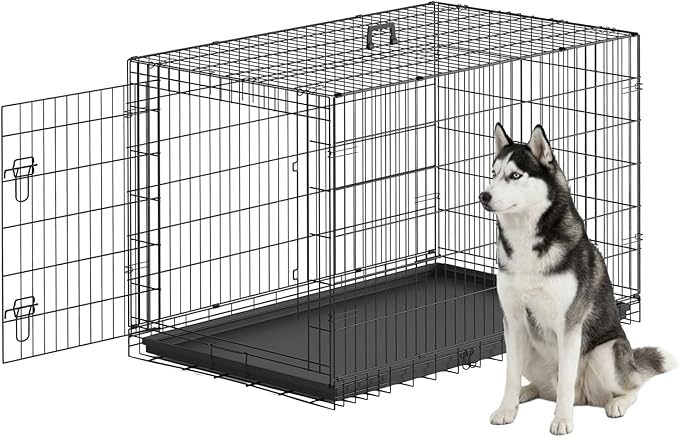 FDW XL Dog Crate 48inch Dog Cage Foldable Metal Kennel with Leakproof Tray Foldable Design Indoor Outdoor Use for Extra Large Dogs,Black