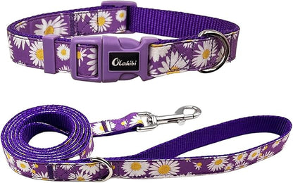 Dog Collar Leash Set, Floral Pattern, Nylon Webbing Plus Cotton Ribbon, 5ft Matching Leash, for Medium Dogs.(M, Purple Daisy)