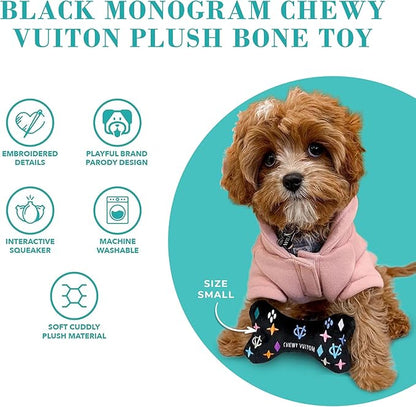 Haute Diggity Dog Chewy Vuiton Bone Plush Squeaky Dog Toy, Soft Durable Designer-Inspired Stuffed Puppy Chew Toys for Small, Medium & Large Dogs, Machine-Washable (Black Monogram) XL
