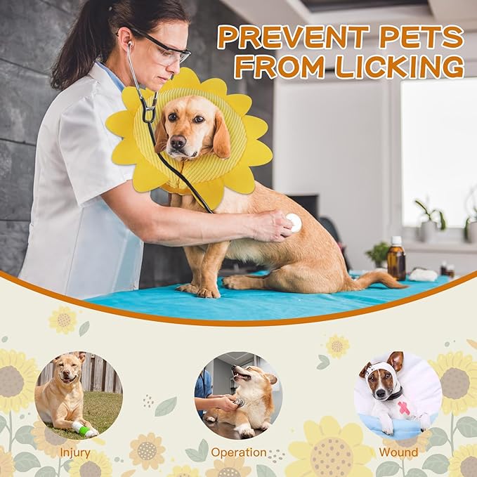 IEUUMLER Inflatable Recovery Dog Collar, Protective Donut Cone, Adjustable Soft Collar for Dog and Cat After Surgery Prevent from Biting & Scratching EU002 - Sunflower M