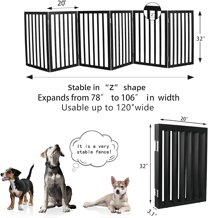 ZJSF Freestanding Indoor Dog Gate for House Foldable Wood Black Puppy Gate for Doorways Pet Gate for Stairs Extra Wide Pet Fence 32" Height 6 Panels