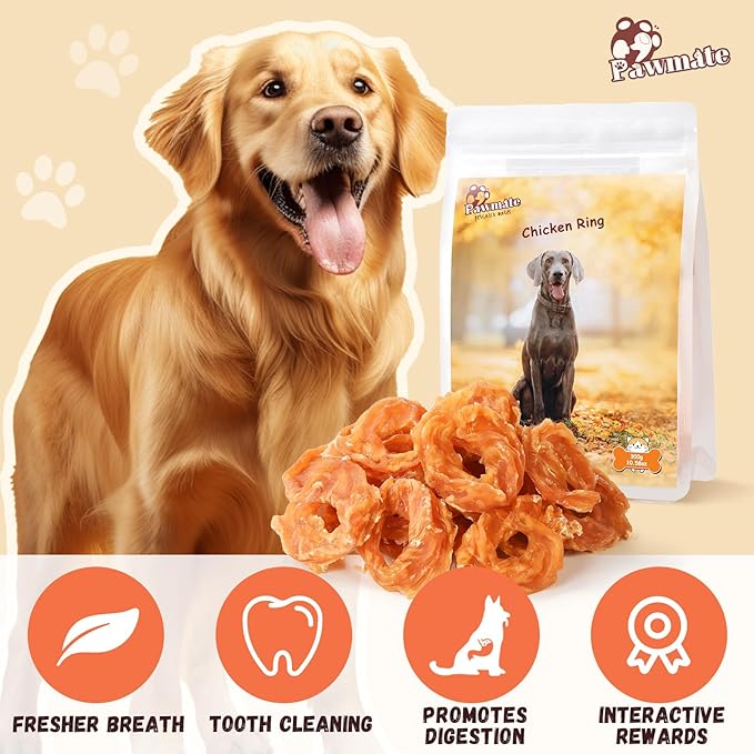 Pawmate Dog Treats Chicken Jerky Rings, Rawhide-Free Grain-Free Real Dried Tenders Natural Chicken Breast Dog Chewy Training Snacks for Small Medium Large Dogs Large Pack, 10.6 oz