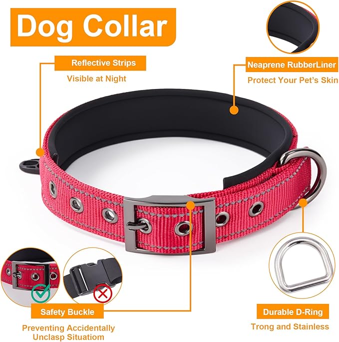 Annchwool Adjustable Dog Collar and 5FT Leash Set with Heavy Duty Metal Buckle–Comfortable Lining Reflective Collar & Dual-Handles for Small,Medium Large Dogs Walking,Running(Red Set,S:13''-17'')