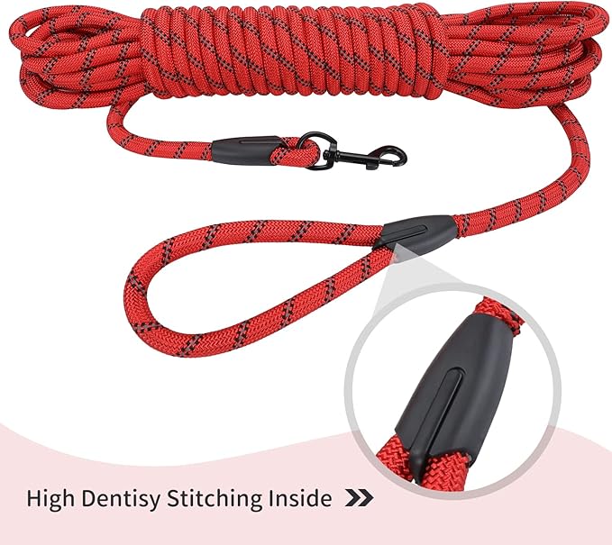 Long Dog Leash for Training 50Ft-Reflective Nylon Rope with Swivel Hook-Recall Agility Lead for Large Small Medium Dogs Outside Walking Hiking-Red Diam 1/2"