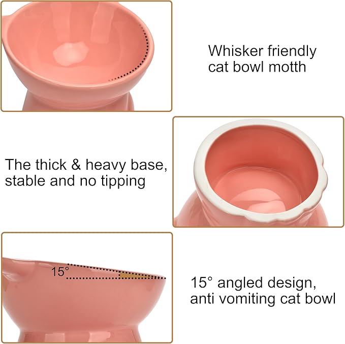 Elevated Cat Food Bowl,9 Oz Ceramic Raised and Tilted Water Bowl,Anti Vomiting and Protect Pets Spines Dishes for Fat Faced Cat, Indoor Cats,Kitten,Small Dog (Pink)