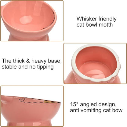 Elevated Cat Food Bowl,9 Oz Ceramic Raised and Tilted Water Bowl,Anti Vomiting and Protect Pets Spines Dishes for Fat Faced Cat, Indoor Cats,Kitten,Small Dog (Pink)