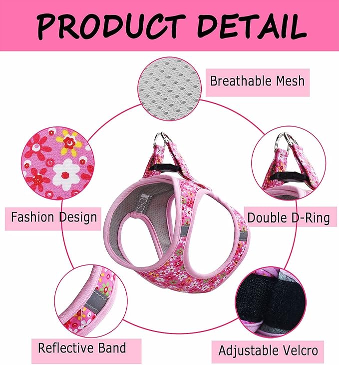 Moonpet Step in Dog Harness Leash Set- All Weather Reflective No-Pull Floral Pattern Padded Mesh Vest Harness for Cats Puppy Extra-Small Small Medium Large Dogs - Pink Flower - XS