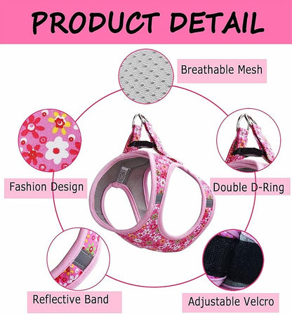 Moonpet Step in Dog Harness Leash Set- All Weather Reflective No-Pull Floral Pattern Padded Mesh Vest Harness for Cats Puppy Extra-Small Small Medium Large Dogs - Pink Flower - XS