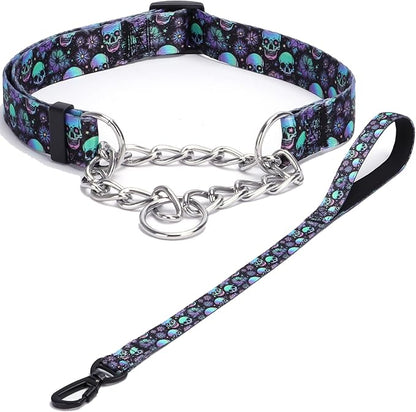 Martingale Dog Collar with Stainless Steel Chain - Limited Chain Cinch Training Collar for No Pull Training Dog - Flower Multicolor Cute Patterns - Premium No Slip Collar (L, Skull Set)