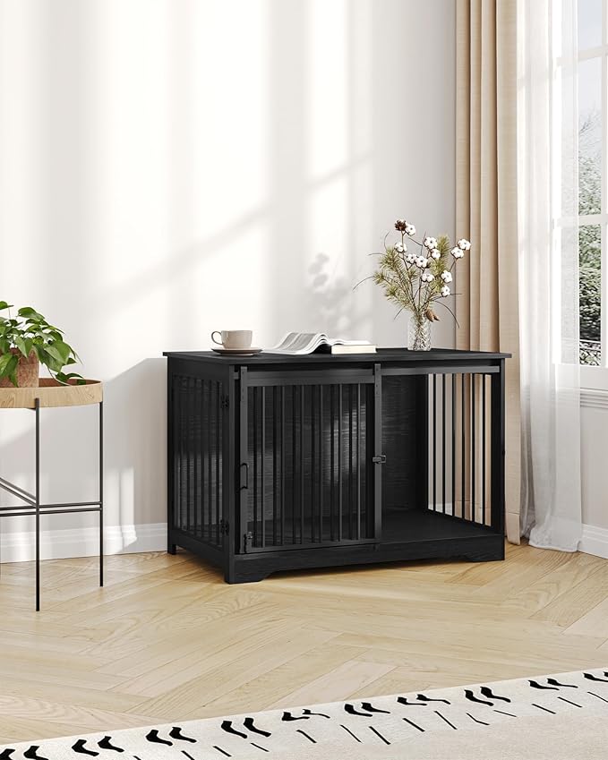Hzuaneri 39.3" Dog Crate Furniture with Barn Door, Heavy Duty Dog Kennel Indoor with 2 Doors, Wooden Pet Cage End Table for Large Small Medium Dogs, Anti-Chew Anti-Escape, Black DFC02304B