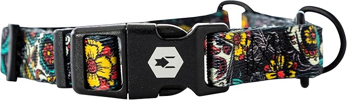 Wolfgang Heavy Duty Martingale Dog Collar with Quick Release Nylon Buckle for Walking & Training, LosMuertos Print, Small