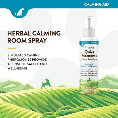 NaturVet Quiet Moments Herbal Calming Room Spray Dog Supplement - Ideal for Cars, Dog Crates, New Environments - Helps Reduce Pet Stress, Storm Anxiety, Motion Sickness - 8 Oz.