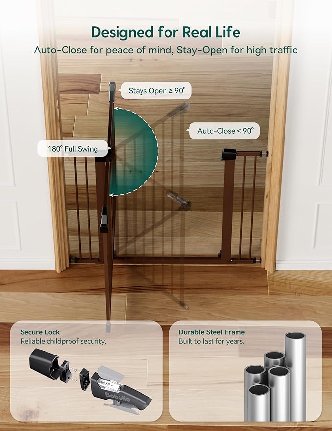 Babelio 29-55" Extra Wide Baby Gate for Stairs & Doorways, Metal Auto Close Pressure Mounted Child & Pet Safety Gate, Easy Install NO Need Tools and Drilling for Indoor Use, Brown