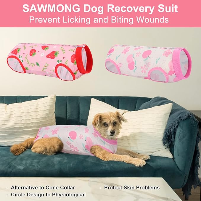 SAWMONG 2 Pack Recovery Suit for Dogs After Surgery, Dog Recovery Suit Soft Polyester, Pet Spay Surgical Suit Female Male, Dog Onesie Body Suit Substitute E-Collar Cone(Strawberry+ Peach,XXL)
