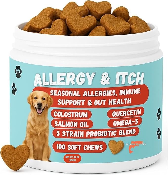 Dog Allergy Relief Chews – Anti-Itch Skin & Coat with Probiotics, Omega 3 & Colostrum – Itchy Skin, Paw Licking & Seasonal Allergies Support – Salmon Flavor – 100 Soft Chews