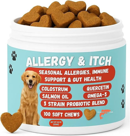 Dog Allergy Relief Chews – Anti-Itch Skin & Coat with Probiotics, Omega 3 & Colostrum – Itchy Skin, Paw Licking & Seasonal Allergies Support – Salmon Flavor – 100 Soft Chews