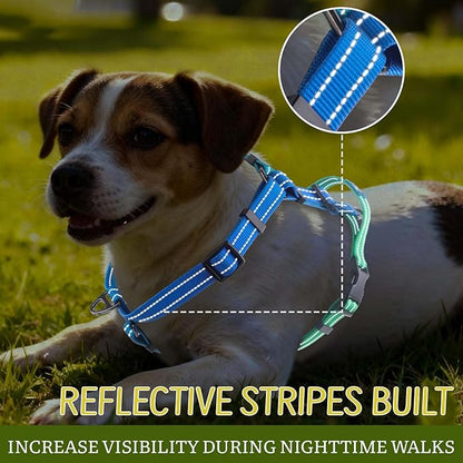 Roses&Poetry Dog Harness for Large Dogs, 6 Point Adjustable Fit No Pull Harness with Handle for Control and Easy Walking, Reflective Pet Halter Harnesses（Bluegreen-L）