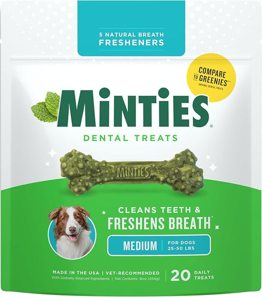 Minties Dental Chews for Dogs, 20 Count, Vet-Recommended Mint-Flavored Dental Dog Treats for Medium Sizes 25-50 lbs, Bones Clean Teeth, Fight Bad Breath, and Removes Plaque and Tartar