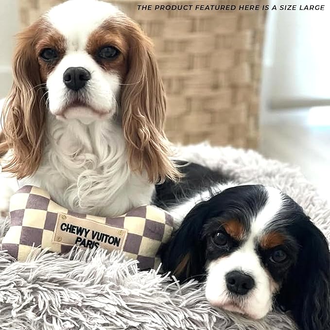 Haute Diggity Dog Chewy Vuiton Bone Plush Squeaky Dog Toy, Soft Durable Designer-Inspired Stuffed Puppy Chew Toys for Small & Medium Dogs, Machine-Washable (Tan Checker) Large