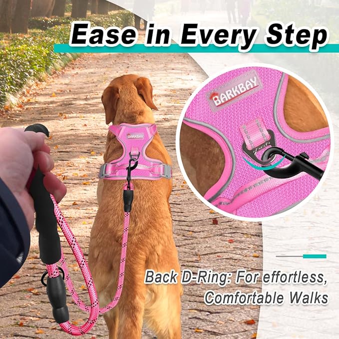 BARKBAY Dog Harness No Pull Mesh for Large Dogs - Adjustable, Reflective, Comfortable, No Choke, Heavy-Duty - Perfect for Outdoor Training, Walking, and Hiking - Strong & Durablee - XL & Pink Mesh
