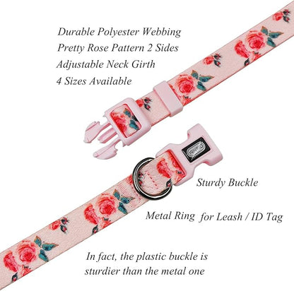 Dog Collar and Leash Set, Cute Rose Pattern, Polyester Material, 5ft Leash, for Puppy Dogs.(Extra Small,Pink Rose)