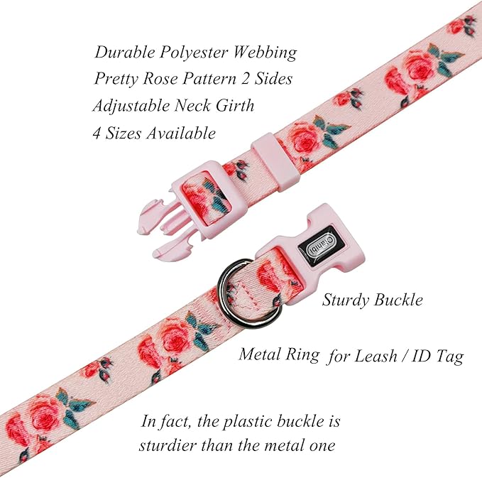 Dog Collar and Leash Set, Cute Rose Pattern, Polyester Material, 5ft Leash, for Small Dogs.(Small,Pink Rose)