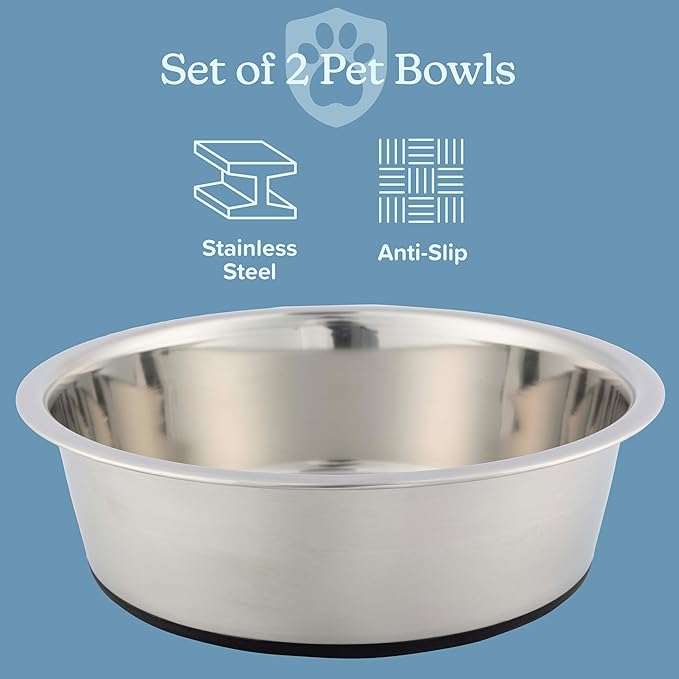 Set of 2 Stainless Steel Dog Bowls - 64oz or 8 Cups Food and Water Bowls for Dogs and Cats - Non Slip Metal Pet Dishes for Medium to Large Sized Pets - Puppy Essentials by PETMAKER