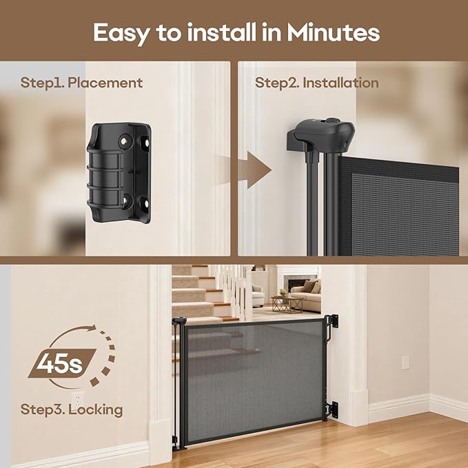 SPACEANY Retractable Safety Baby Gate or Mesh Dog Gate,Durable Portable Mesh Retractable Gate,Easy to Use for Stairs, Doorways, Hallways, Indoor, Outdoor, 33.5" Tall, Up to 55" Wide, Black
